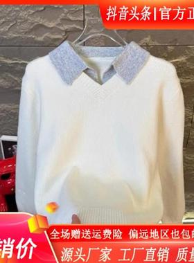 Elbaph轻奢男装品质高档假两件翻领毛衣秋冬季宽松针织衫潮打底衫