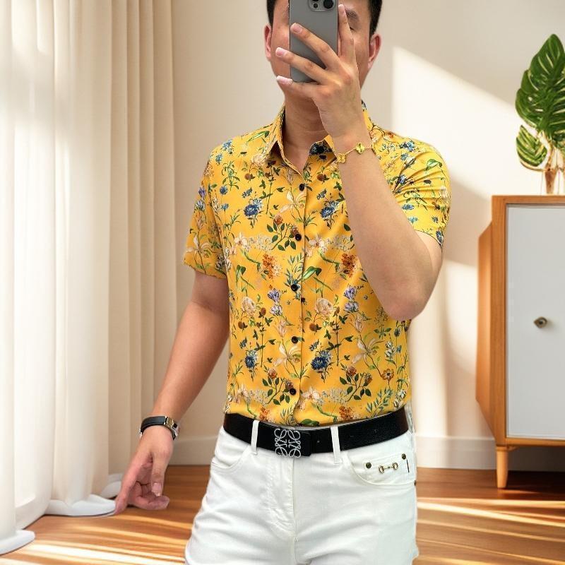 牧卡森奢品高端欧货夏季男碎花短袖衬衫休闲百搭半袖衬衣轻奢男装