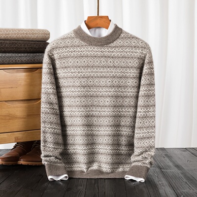 春竹男士纯山羊绒衫爸爸圆领提花打底针织衫保暖条纹加厚高档毛衣