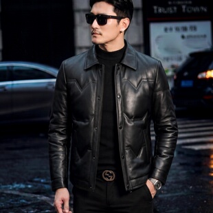 春竹世家皮衣羽绒服男款2026新款真皮绵羊皮鹅绒加厚中年保暖外套