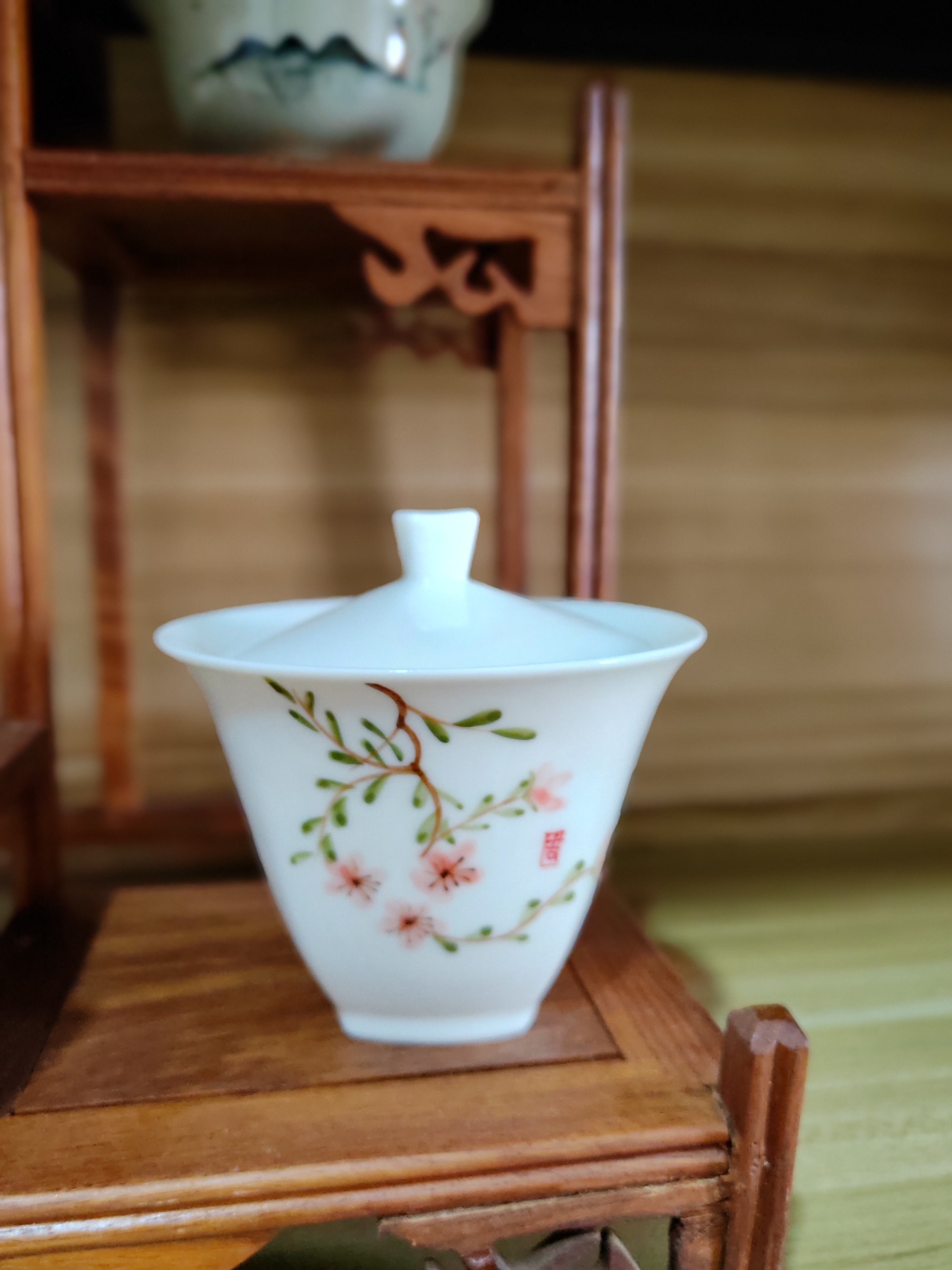 草木灰手绘凌霄花二才盖碗满容约170ml盖下130ml