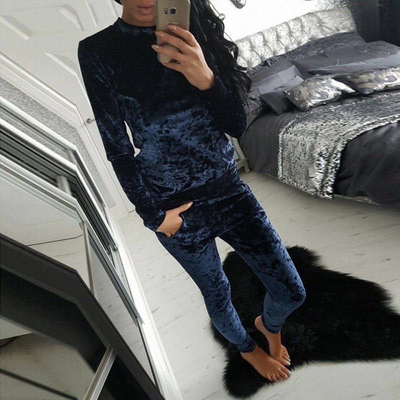 9388#速卖通 ebay 亚马逊爆款 秋冬休闲时尚天鹅绒套装运动服