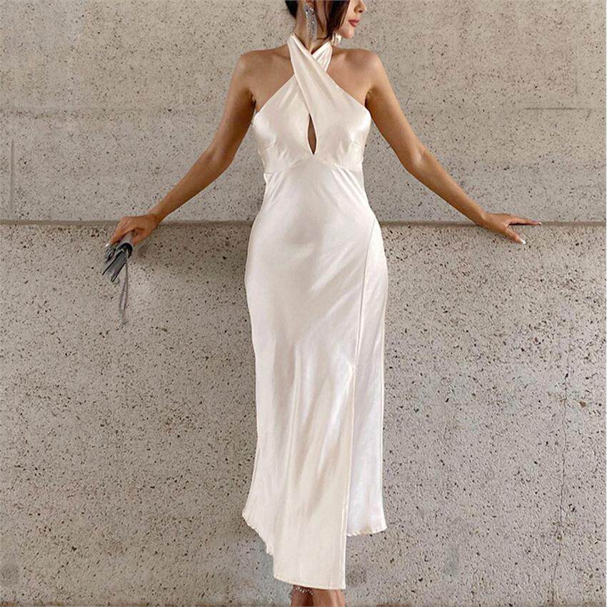 Sexy Dress women 欧美风新款白色鱼尾裙高腰显瘦挂脖连衣裙女