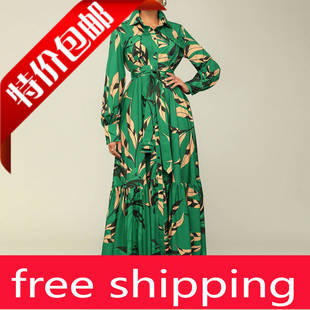 shirt 欧美秋翻领绑带时尚 skirt printed Fashion 印花衬衫 裙长裙