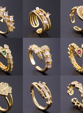 欧美时尚百搭铜锆石电镀真金开口戒指食指戒女 Fashion Open Ring