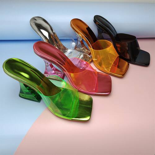 42方头粗跟水晶跟凉拖女外穿high heels slippers ladies sandals