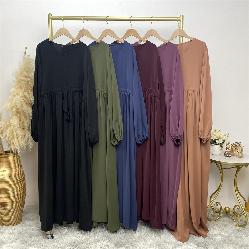 阿拉伯纯色弹力袖百搭大摆东南亚民族风连衣裙 long dress women