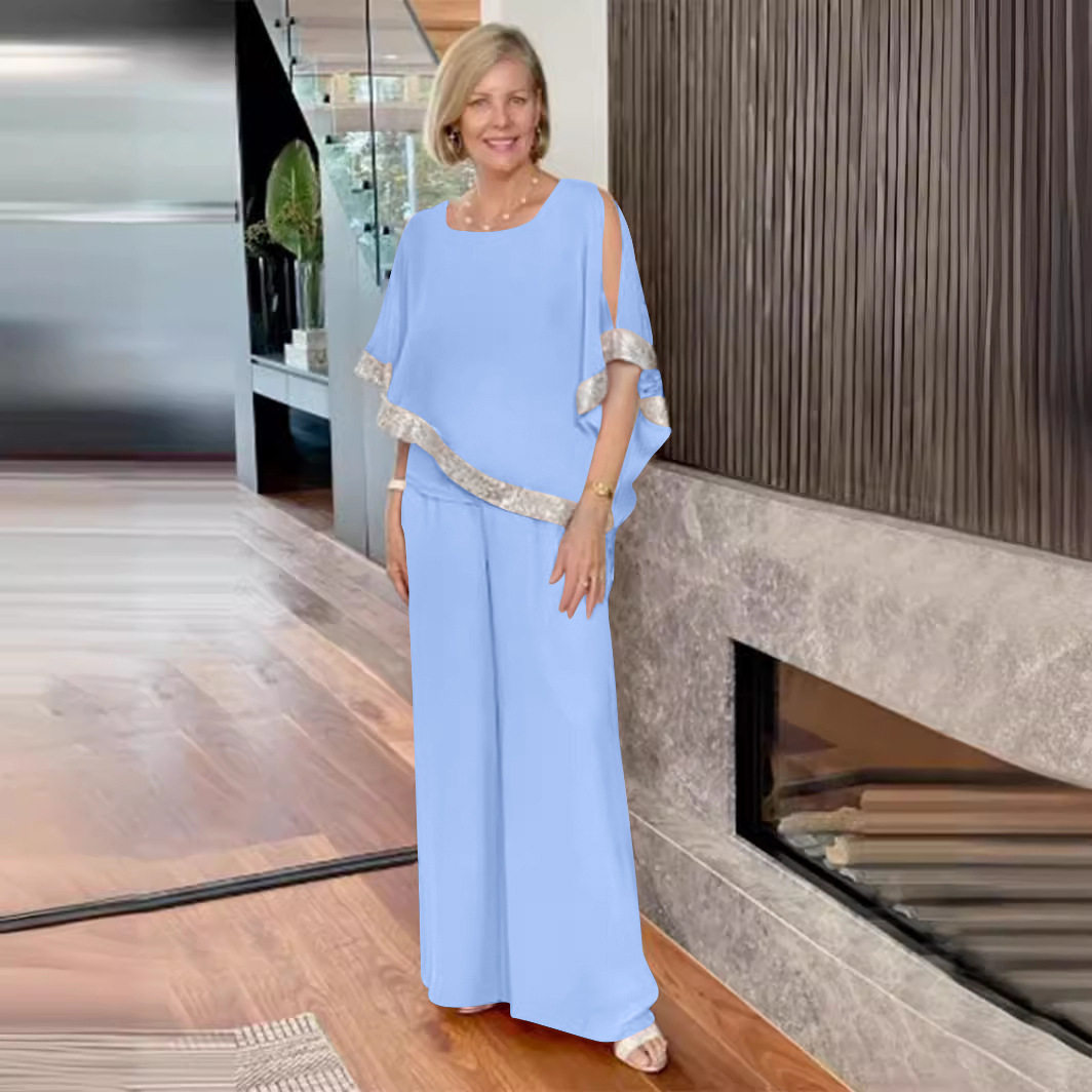 2024欧美亮片拼色蝙蝠衫阔腿裤假三件套 Batshirt wide leg pants