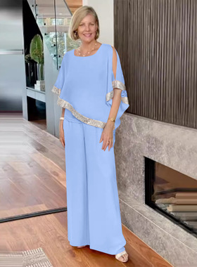 2024欧美亮片拼色蝙蝠衫阔腿裤假三件套 Batshirt wide leg pants