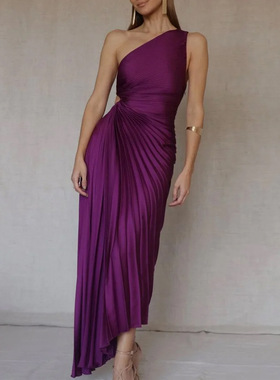 欧美紫色褶皱连衣裙百褶裙派对晚礼服 Purple sexy evening dress