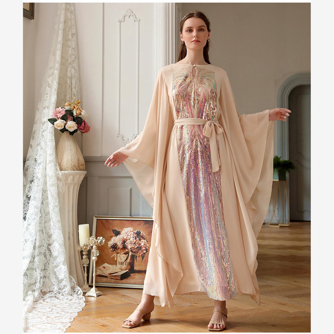 春季新款米黄幻彩蝴蝶袖阿拉伯连衣裙中东民族风旅行长裙女 dress