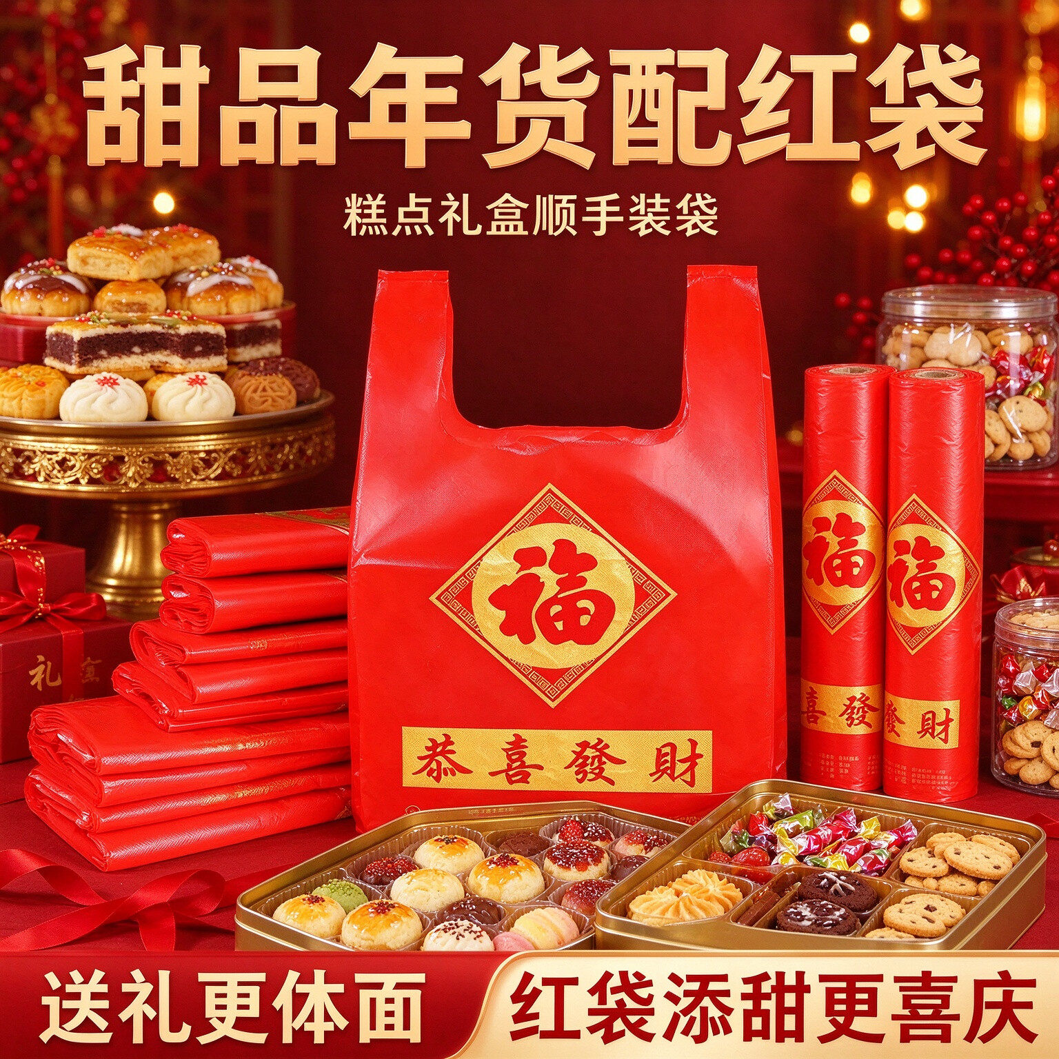 新年家庭备年货福字塑料袋零食分装袋拜年送礼红色马甲手提袋
