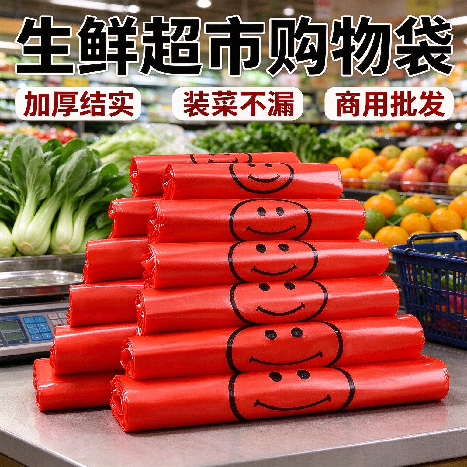 水果店红笑脸透明手提袋市集果蔬装货塑料袋加厚不易破背心袋批量