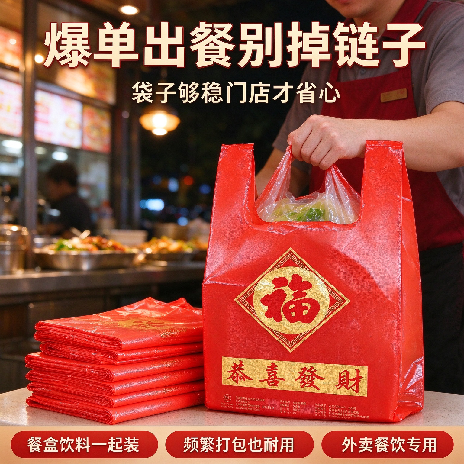 饭店汤水打包红福恭喜发财背心塑料袋加厚防漏餐饮外卖手提袋子