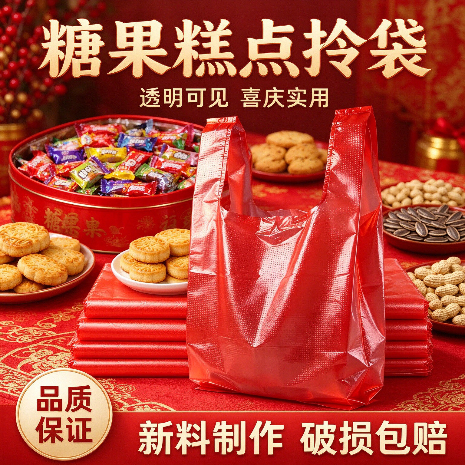 红色透明塑料袋新年年货手提背心袋走亲戚礼品干果加厚购物方便袋