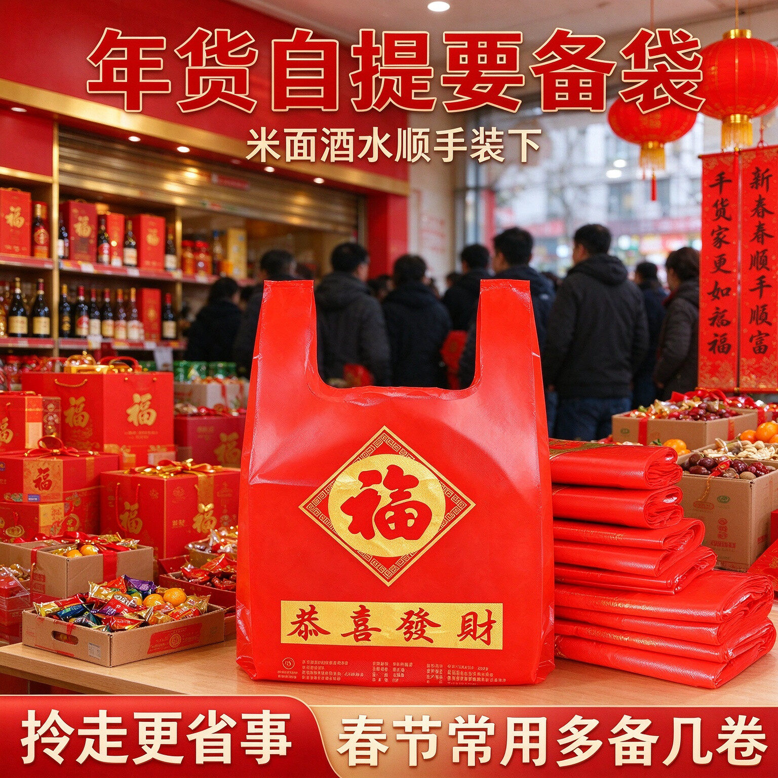 过年商超福字手提塑料袋水果年货分装袋喜庆红色加厚背心袋批发
