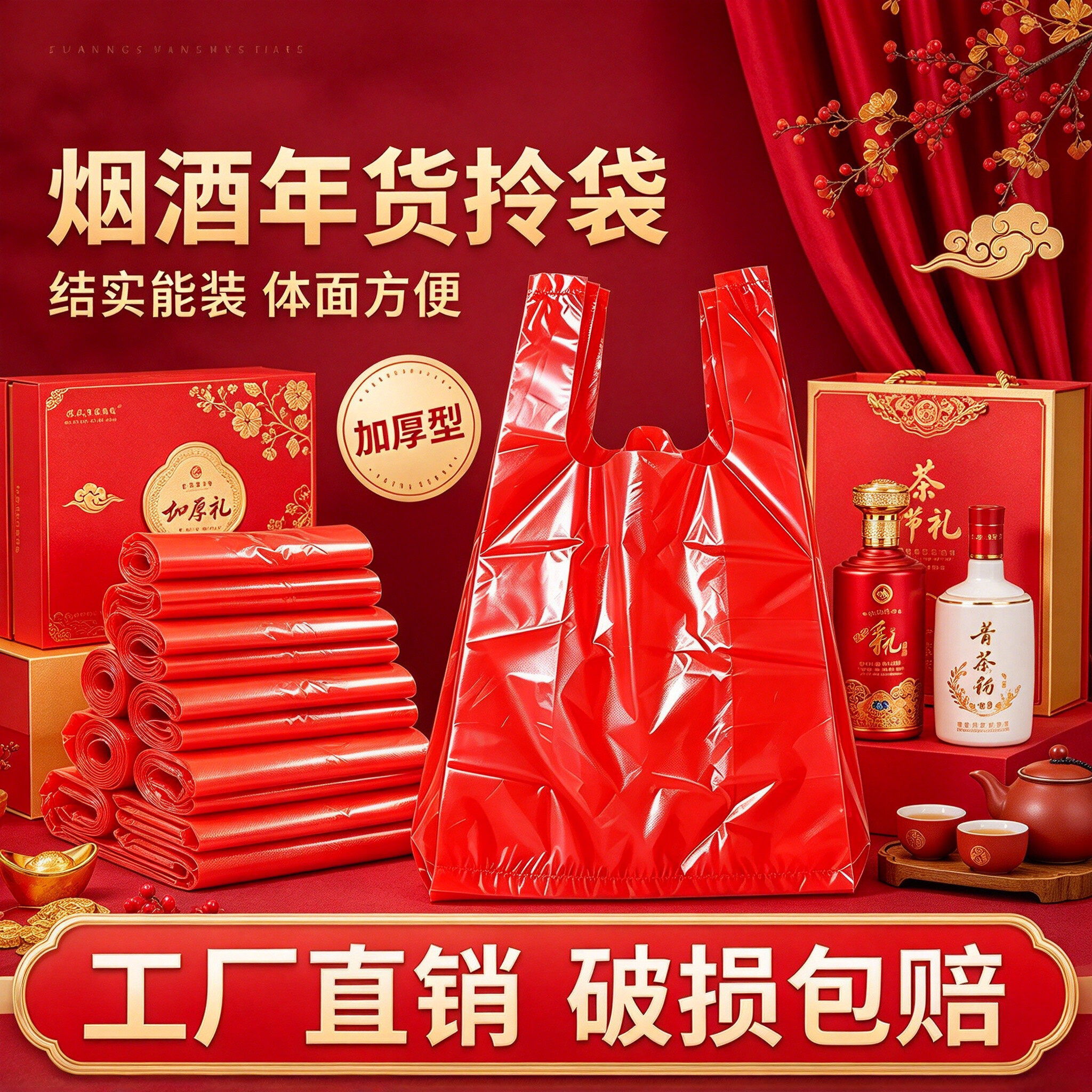 过年红色透明手提塑料袋年货特产打包袋加厚背心食品级购物方便袋