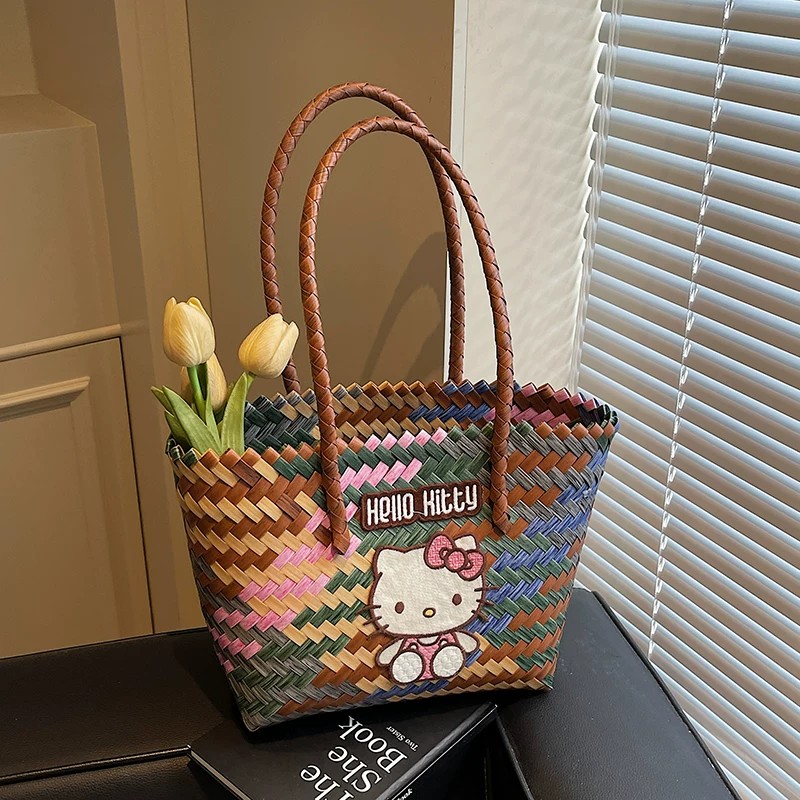 hellokitty藤编菜篮子编织包饭盒手提袋草编包休闲度假通勤托特包