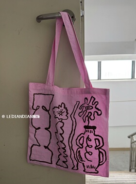 手绘系列！新款插画粉紫单肩包夏季韩系精致涂鸦印花文艺购物袋