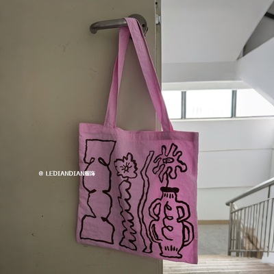 手绘系列！新款插画粉紫单肩包夏季韩系精致涂鸦印花文艺购物袋