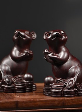 速发黑檀生雕招财鼠摆件木肖老鼠客厅面桌家居装饰生日开业送礼