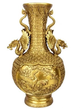 速发铜款龙花瓶摆件 瓶铜龙凤花黄 铜百福花瓶高颜值龙凤款松鹤飞