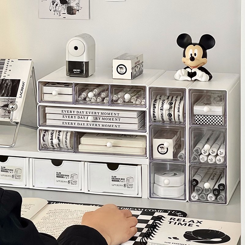 速发桌面收纳盒办公室透明抽屉式件书笔筒整理盒文桌可叠加置物架