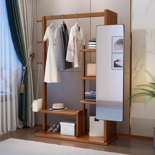 速发实木挂衣架功衣镜一体衣帽架带镜子落地卧室客厅多收能穿纳置