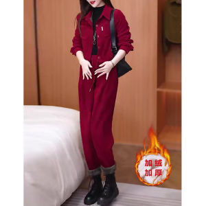 加绒加厚红色休闲套装女冬季新款高级感轻熟风显瘦外套长裤两件套