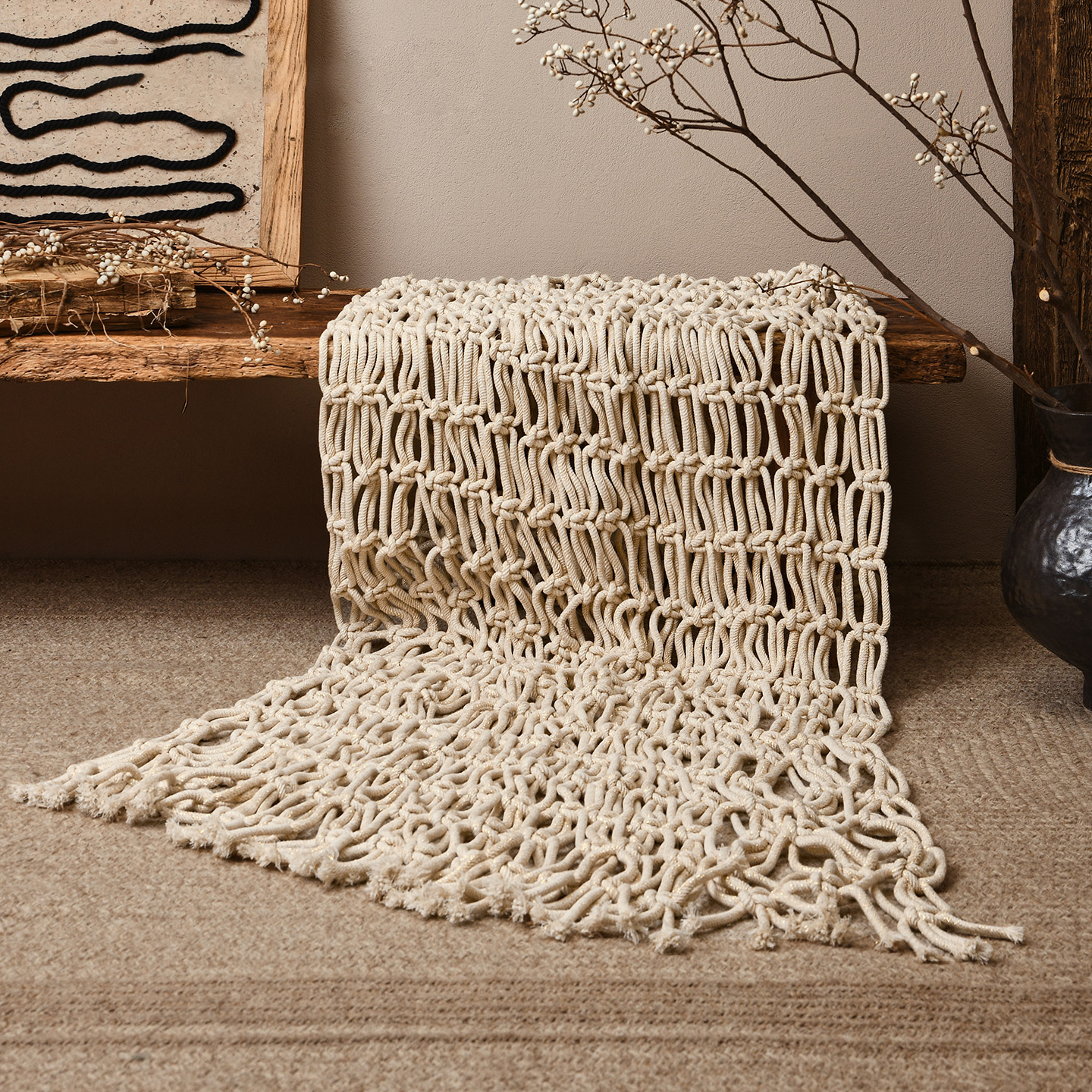 米白色纯手工编织床尾毯侘寂民宿