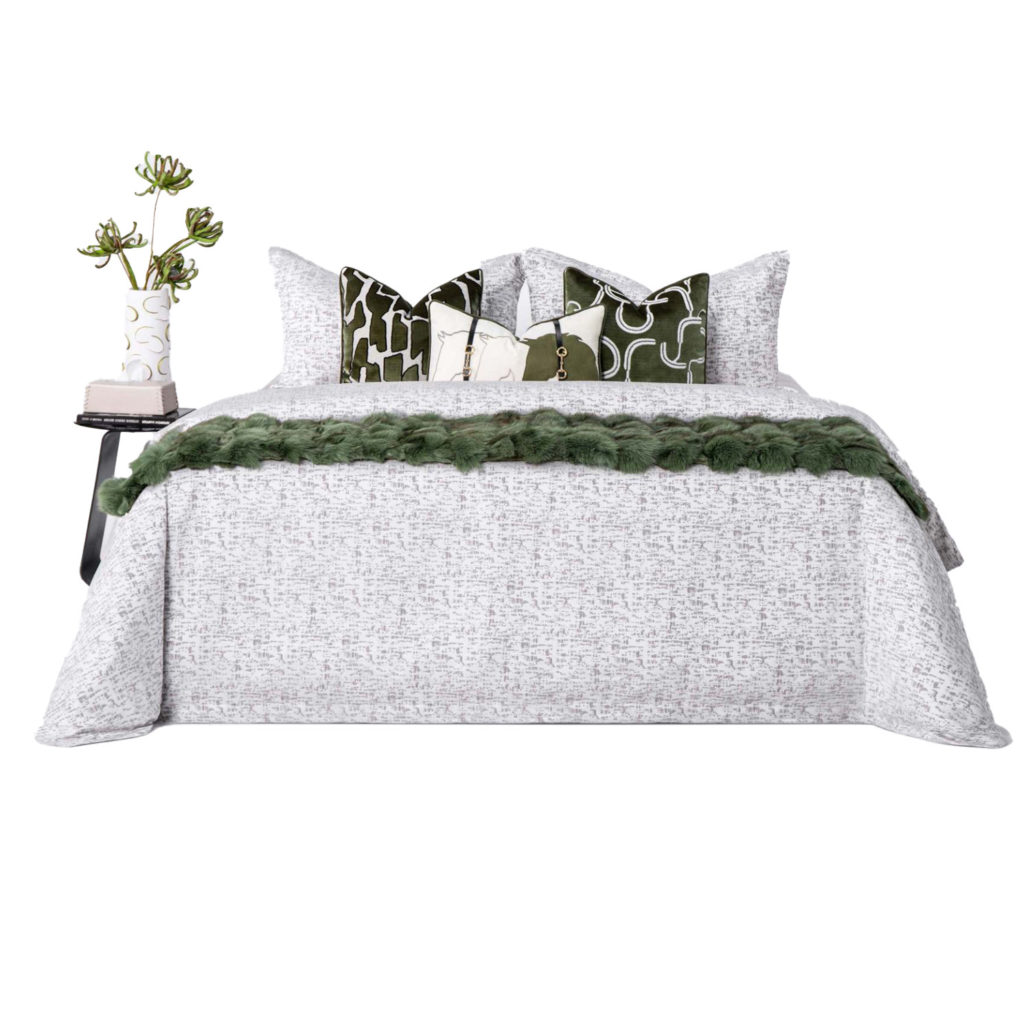 展厅样板房间床品八件套绿色床上用品割绒抱枕狐狸毛毯子高端轻奢