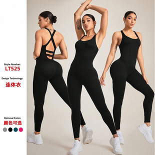 跨境欧美爆款无缝连体衣弹力紧身瑜伽服运动健身服吊带连体裤女