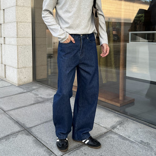 秋冬美式街头风深蓝色牛仔裤男新款宽松长裤直筒裤子