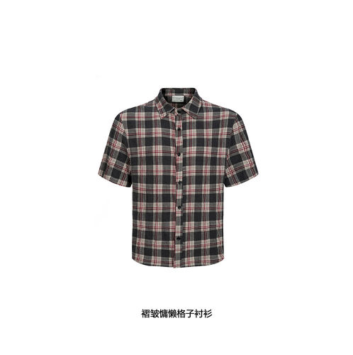 褶皱感泡泡格纹衬衫纯棉