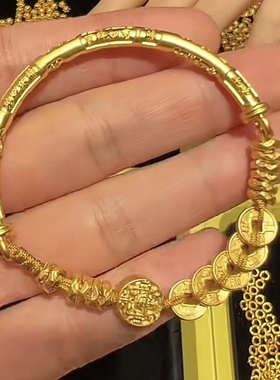 黄金五路财神手链女999足金五帝钱币 送女友老婆七夕礼物手镯新款