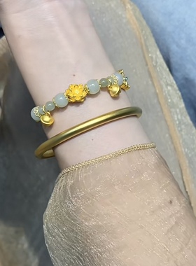 莲花和田玉足金999手串女黄金手链铃铛蝴蝶送女友老婆情人节礼物