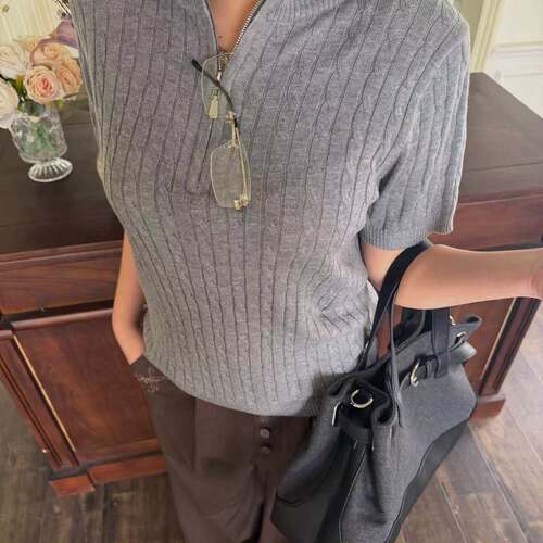 Breathy拉夫风半拉链绞花混纺针织短袖老钱风修身男女同款