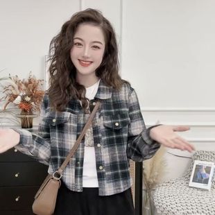 美式红色格子复古加厚磨毛衬衫女秋冬设计感宽松长袖上衣短款外套