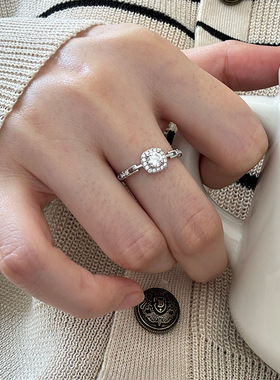 方钻链条戒指s925纯银镶钻推拉可调节食指指环结婚送女友方形钻戒