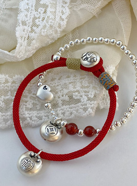 新中式999足银小胖福红色手链新年本命年礼物爱心银坨坨红绳手串