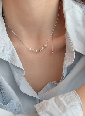 925纯银猪鼻子流苏锆石项链女简约时尚可调节长度小众设计锁骨链