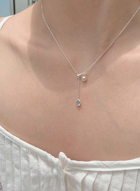 925纯银蓝色水滴项链抽拉式可调节蓝锆石锁骨链百搭气质小众设计