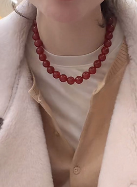 天然红玛瑙项链925纯银锁骨链冷淡风显白复古气质韩国ins博主同款