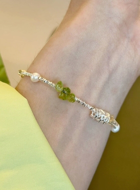s925纯银碎银子珍珠绿水晶手链女简约创意小众轻奢冷淡风玉石手环