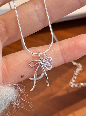 s925纯银不规则蝴蝶结粉色爱心项链女简约轻奢高级小众百搭蛇骨链