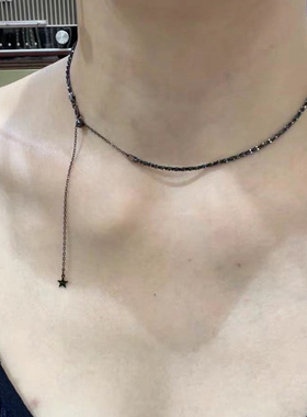 925纯银黑色满天星项链女百搭甜酷碎银子颈链抽拉式可调节锁骨链