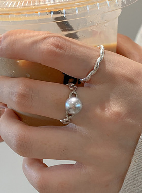 925纯银施家珍珠猪鼻子戒指女简约时尚百搭个性开口小众设计指环