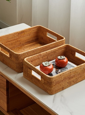 家用日式手工越南藤编收纳筐桌面编织零食竹编篮子脏衣服带盖复古