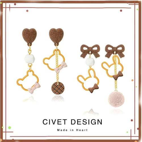 原创爱心小熊不对称耳环秋冬美拉德甜美耳饰可爱无耳洞耳夹女