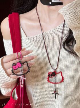 韩系可爱镂空猫咪吊坠项链女甜酷辣妹风锁骨链长款卫衣链挂脖配饰